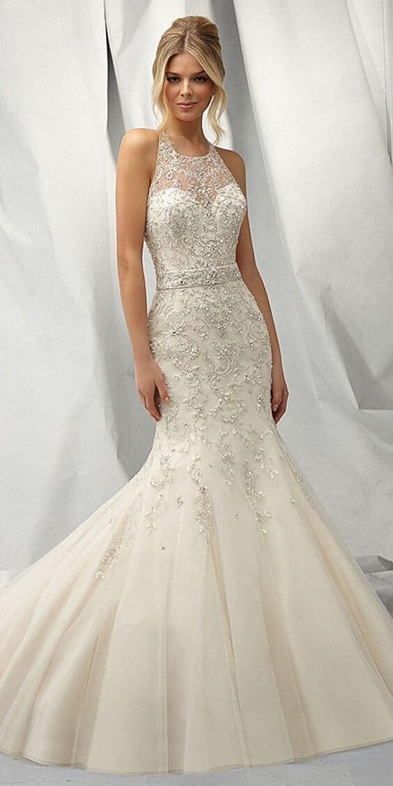 47 perfect bridal gown ideas - find yours 17 Couture bridal gown featuring an ivory mermaid silhouette, illusion halter neckline, and intricate silver beading, perfect for elegant weddings.