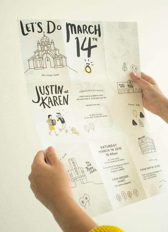 41 photo wedding invitations that make hearts skip a beat 20 Fold-out illustrated wedding invitation map featuring playful doodles and bold lettering for justin et karen, dated march 14th.