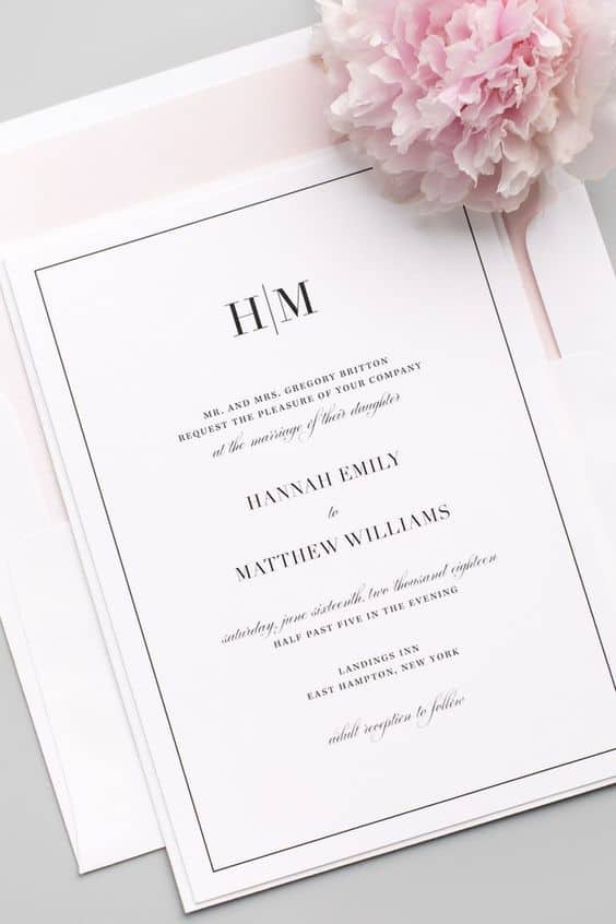 41 photo wedding invitations that make hearts skip a beat 22 Refined minimalist wedding invitation suite with a white card, double-line border, and elegant typography. Features monogram (h | m) and blush peony.