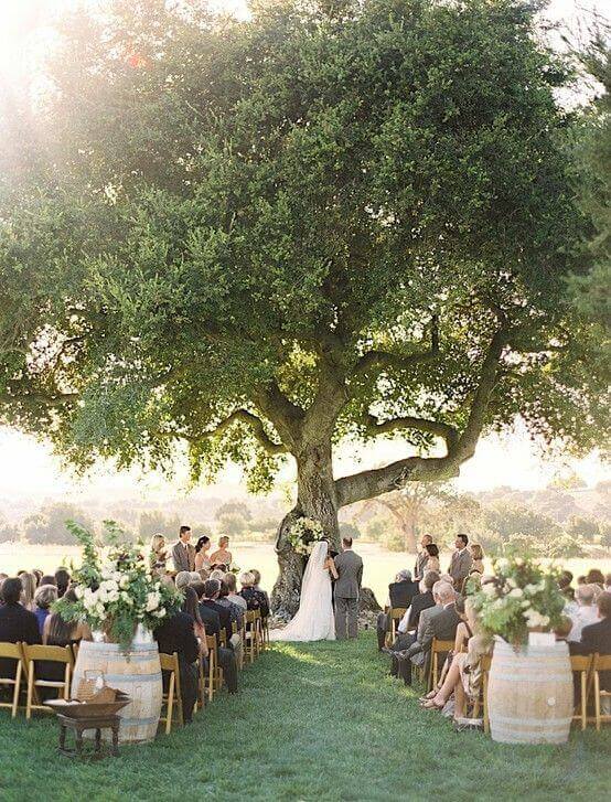 34 budget wedding ideas for a creative affordable wedding 7 Romantic budget wedding under an oak tree at golden hour, with wooden chairs, floral arrangements, and a serene, intimate atmosphere.