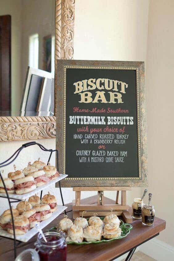 37 Morning Wedding Ideas filled with Sunshine color pallets 19 Rustic-chic morning wedding setup featuring a biscuit bar with mini buttermilk biscuits, jams, and a vintage chalkboard menu.