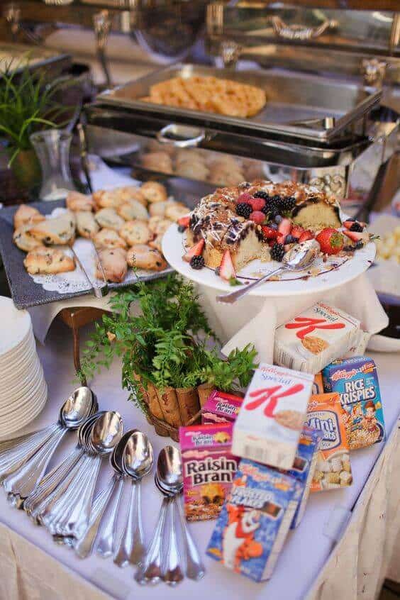 37 Morning Wedding Ideas filled with Sunshine color pallets 28 Cheerful morning wedding brunch buffet with a glazed Bundt cake, scones, chafing dishes, and cereal boxes in a garden-party setting.