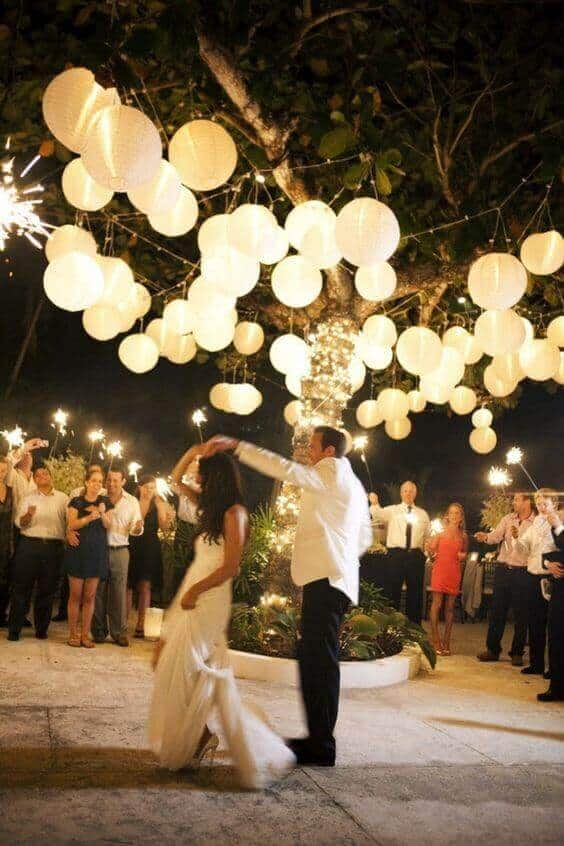 Newlyweds dance under warm white lanterns and fairy lights, surrounded by guests holding sparklers, creating a romantic night wedding atmosphere.