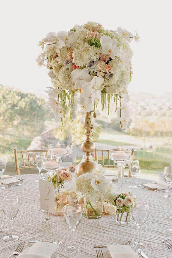 Elegant garden-chic wedding table with a tall gold centerpiece of white hydrangeas, orchids, and roses, surrounded by floating candles and glassware.