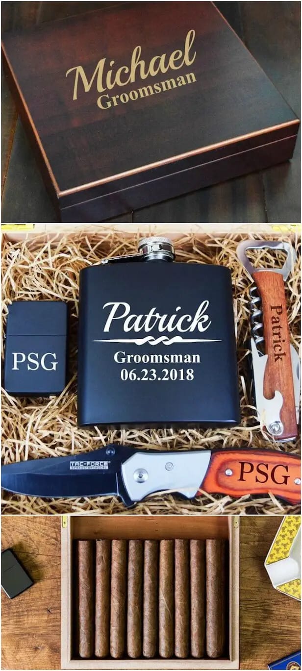 Personalized groomsman gift set featuring a dark walnut keepsake box, matte black flask, lighter, corkscrew, pocket knife, and cigars.